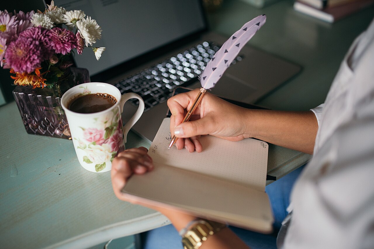 Notebook with handwritten notes beside a keyboard